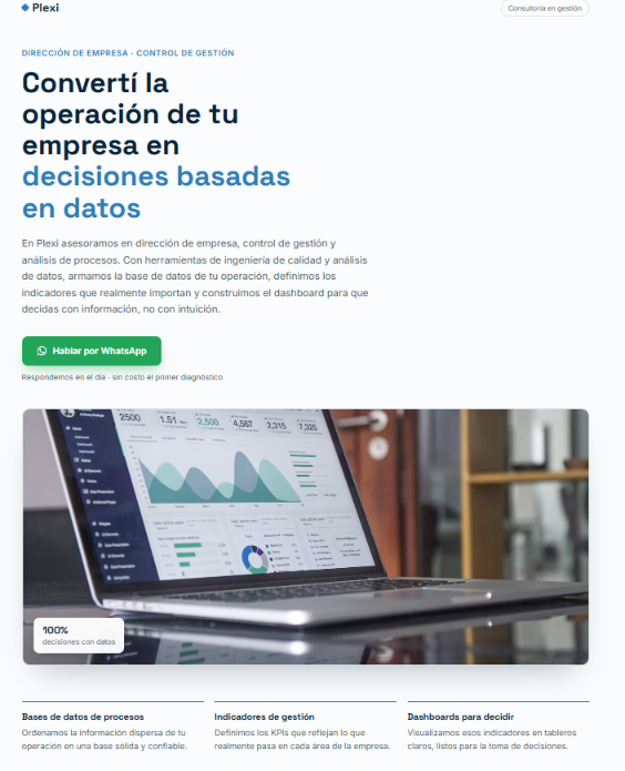 Página inicial do site de consultoria empresarial Plexi Gestión