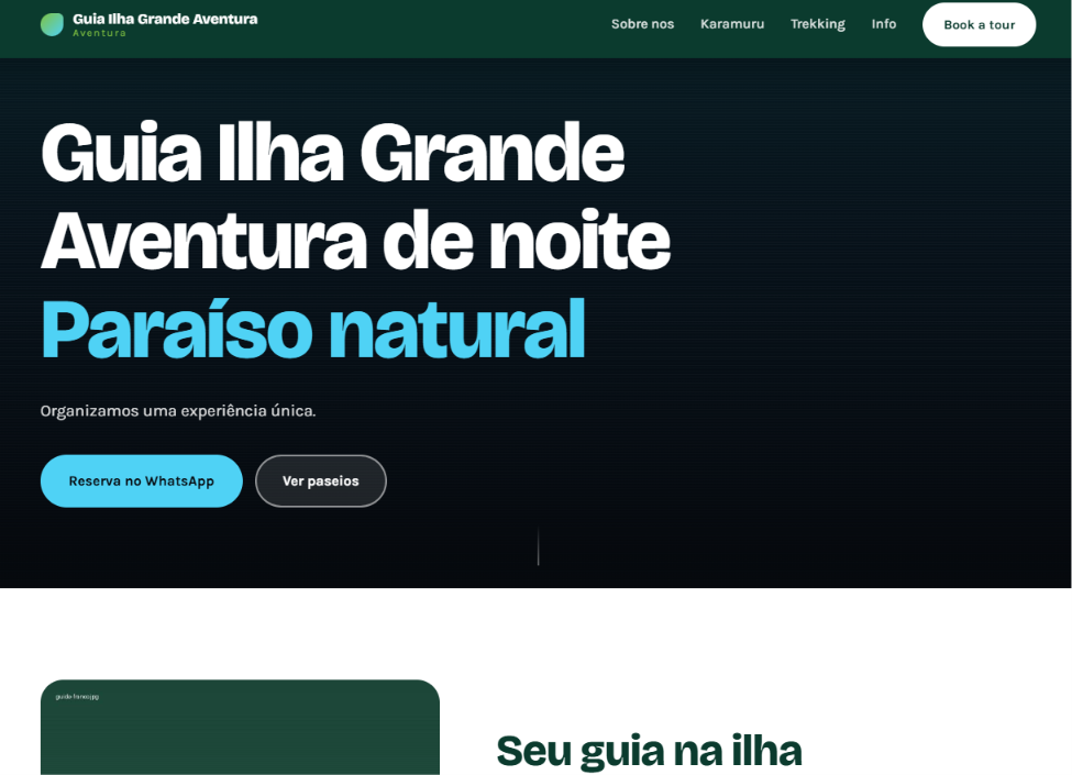 Página inicial do site de passeios de aventura da Ilha Grande